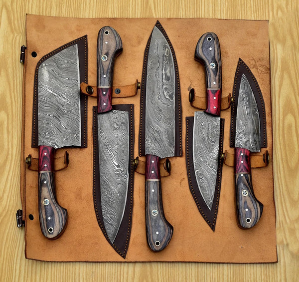 Handmade Damascus Chef Knife Set - 5pcs with Leather Sheath