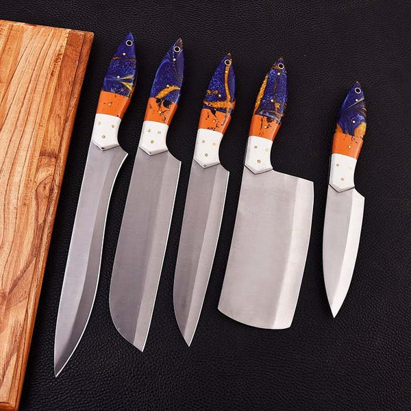 Steel Knife Set with Leather Cover & Unique Handles 5 Pcs