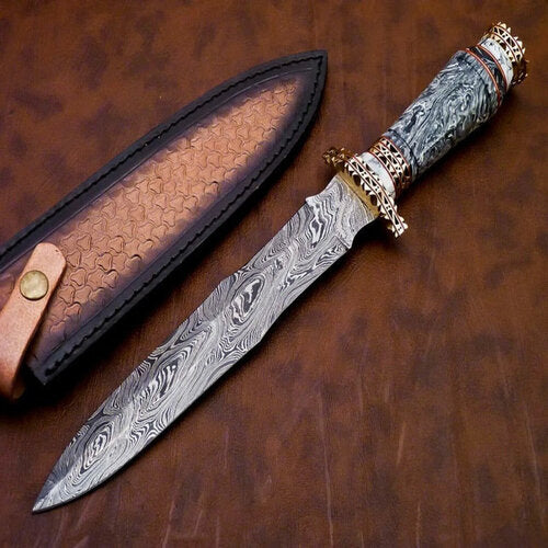 Handmade Damascus steel hunting bowie knife wood handle with leather sheath