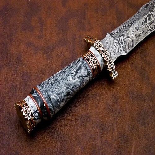 Handmade Damascus steel hunting bowie knife wood handle with leather sheath