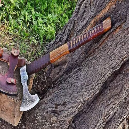 Custom Gift Forged Carbon Steel Viking Axe Hatchet Rose Wood Shaft